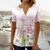 Lolmot ženska plus veličina cvjetna tiskana s kratkim rukavima Henley V izrez majica Nasledan casual labavi fit Flowy Tunic bluza vrhova