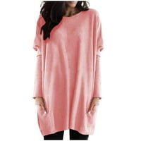 Pulover sa dugim tunikom za žene za žene s dugim rukavima, ležerna bluza sa čvrstim duksevima Pink, m