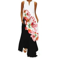 Huaai Žene cvjetni print V izrez Maxi haljina bez rukava Boho Beave haljine Ljetna casual labava sandress s džepovima