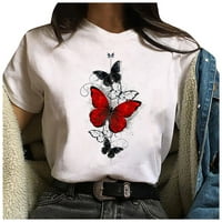 Leylayray vrhovi za žene moda Žene casual labava bijela majica Butterfly Print kratkih rukava crveni