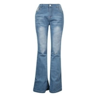 Traperice za žene Žene Srednji struk Skinny Pocket Stretch Slim gumba Hlače Rupe Flare pantalone Traperice Tamno plava L