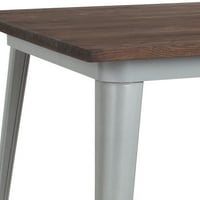 Merrick Lane Modern 31,5 kvadratni srebrni metalni stol s rustikalnim orahom gotovim drvenim vrhom za unutarnju upotrebu