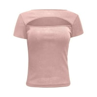 Košulje za žensku modnu casual kratkih rukava izdubljena čvrsta boja tanka fit vrhova ružičasta L