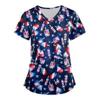 Sksloeg ženskog pilinga USA USA Star Stripes tiskana bluza Skraćena medicinska sestra Radna uniforma V izrez Grafički piling majice, Royal Blue M