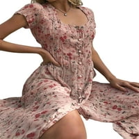 Grianlook Women Ljeto plaža Sundress cvjetni print maxi haljine kratki rukav boemski dugi haljini kvadratni