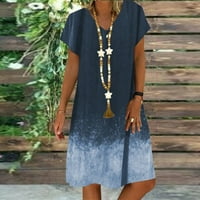 Ljetne haljine za žene kratki rukav A-linijski duljina koljena, labava skraćena V-izrez haljina plava