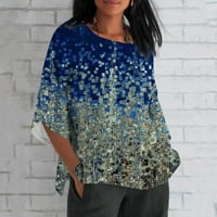 Žene Ljetne modne retro tiskane majice rukav labav fit pamučni posteljina plavi xl