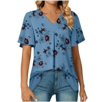 StMixi majice za žene kratki rukav V-izrez cvjetni print ljetni osnovni vrhovi plaža udobna lagana šifon pulover Tunic bluze plavi m