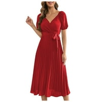 USMIXI Formalne haljine za žene Casual Empire Struk Tvrdoglavi ljuljac Line duge haljine sa remenom V-izrez kratki rukav Puni ljeto MAXI haljina crvena m