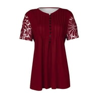 Tking Fashion Womens Labavi kratki rukav Ispiši vrhove Ljeto V izrez Pleted čipke T majice vino 2xl