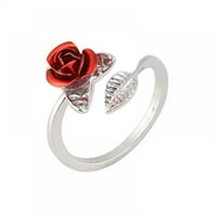 Crveni ružin Vrtni cvijet ostavlja podesivi zlatni prsteni za prstenje za Valentinovo