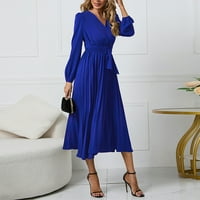 Stabilne ljetne haljine za žene Ženski dugi rukav Slim Fit Pleated Belt V-izrez Elegantna haljina Plava 2xL