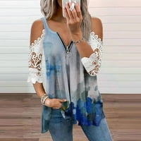 Homodles Žene Ljetni vrhovi - Modni ženski kauzalni patentni zatvarač izrezani bluza čipka majica kratkih rukava ljetni vrhovi plavi s