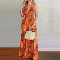 Haljine za žene modni ljetni halter bez rukava maxi tropska a-linija haljina odmora bez narančasta