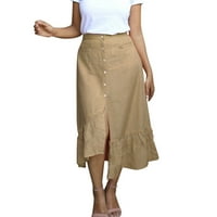 Qazqa ženski casual čvrstog visokog struka Split Gumb Midi suknja Khaki S