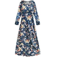 Plus size Petite ženski Strechy kvadratni dekolte s haljinom s dugim rukavima Ponoćna plava magnolija Ispiši liniju elegantna maxi haljina