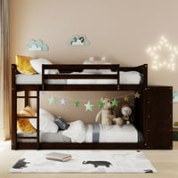 Twin preko dvorišta kreveta s maramima i policama, dizajnom uštede prostora, drveni krevet na kat. Okvir za zaštitu i ljestvici, puni drveni krevet na kat okvir za djecu, espresso