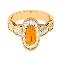 Antique Fire Opal zaručnički prsten sa moissanite halo i milgrain zlatom, 14k žuto zlato, SAD 11.50