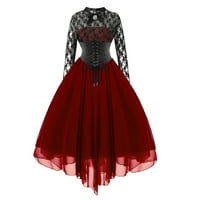 Hueook Gothic haljine za žene plus veličine Halloween dugih rukava čipka za čipke s okruglim vratom koljena, maxi dresy