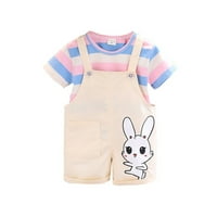 Djevojčica odjeća Ljeto odijelo Blokiranje u boji Striped Top Rabbit Print Suspeders Dva povremena odijelo