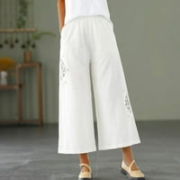 Ženski salon Capri hlače elastične prilagođene uštede u obliku struka uzorak, pamučne i posteljine pantalone sa džepovima Casual Labavi moda plus veličine za žene bijele l
