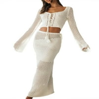 Žene Y2K Pletene ljetne odjeće Dugi rukav Prekrižji za vezanje Prednji pleteni gornji vrhovi bluza + Bodycon duga set suknje