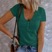 Ženski vrhovi na klirensu kratki rukav rebrasti vrhovi za žene Osnovne pletene majice Gumb Up V izrez Ležerne ljetne boje Thirt Bluze Green XL