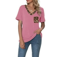 Ladiyo ženski leopard V izrez kratkih rukava s majicom od pamučne majice sa džepom S-2L