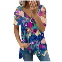 Žene Ljetne bluze Ženska V-izrez kratki rukav Polu zip Tunic vrhovi modne ležerne majice s ramena Tee Ružičasta L