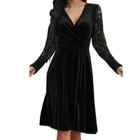 Jesen odjeća za žene Trendne haljine Soild haljina V izrez čipke LJUBAV rukav splice haljina haljina haljina crna xxl