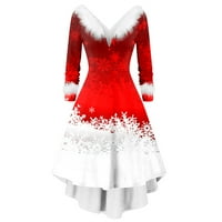 Odieerbi božićne haljine za ženska haljina za zabavu s dugim rukavima od tiskanog V-izreza nacrtaju se ljuljačka haljina crvena
