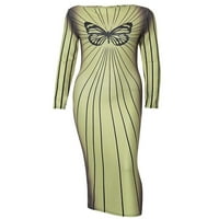 Žene Slim duge haljine dugih rukava Crew Crw Crt Butterfly Print Striped Maxi haljina s malim splitskom