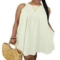 Glonme Women Mini haljina bez rukava Summer Beach Sundress Pocket Haljine Travel Bohemian Kaftan Solid Boja bijela 2xl