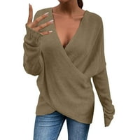 SNGXGN ženska jesena moda V izrez s dugim rukavima Crewneck Boja pulover pletene džemper vrhovi prevelizirani džemperi za žene, kaki, veličine m