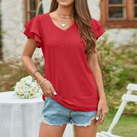 PXIAKGY T majice za žene Žene Čvrste boje pletene mrežice Obrke šuplje rufled V izrez za slobodno vrijeme TOP RD2 + XL