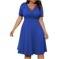 Žene Dužina koljena Ljetna kratka rukava modna ljetna V-izrez haljina plava 4xl