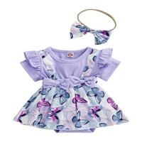 Imcute novorođenčad kratki rukav rukav + traka za glavu, leptir print princeza ljetna odjeća princeze