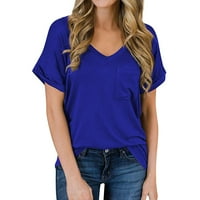 Ljetna bluza Ženska modna proljetna ljetna V-izrez džepna majica sa valjanim rub s kratkim rukavima od labavih labavih dame Top plave m