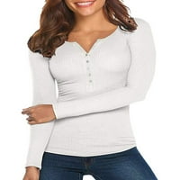 Ženska proljetna majica, čvrsta boja rebrasta Henley vrat dugih rukava slim-fitch pulover za djevojčice,