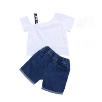 Baby Little Girls Traper Shorts Set Ruffles rukava od čipke + traper jean set kratkih odjela --- bijela