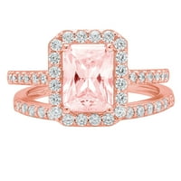 2. CT Sjajni smaragdni rez simulirani ružičasti dijamant 14k Rose Gold Halo Pasijans sa akcentima Bridal