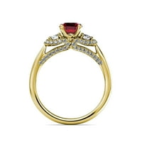 Ruby and Diamond Tri kameni prsten s dijamantkom na bočnoj šipci 1. CT TW u 14K žutom zlatu.Size 7.0