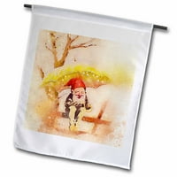 Slatka vintage gnome sjedi na ogradi s kišobranom u zastavi za kišu FL-244718-1