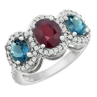 10k bijelo zlato prirodno hq ruby ​​& london plavi topaz 3-kameni prsten ovalni dijamant akcent, veličine