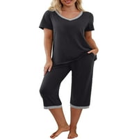 Ženska pidžama Treegren postavila je kratki rukav V izrez T-majica i Capri hlače za spavanje kućnih