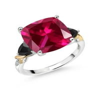 Gem Stone King Srebrna i 10k žuta crvena stvorena rubin i crni i dijamantni prsten za žene