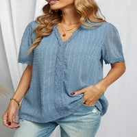Blibea Ženska čipka Crochet Tunic Ljetni vrhovi kratki rukav Solid Boja V izrez Swiss Dot Bluzes Majice