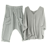 Pamučne posteljine odjeće za žene casual v vrhovi rukava i žetve pantalone koje odgovaraju džepovima