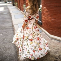 Žene Ljetne duge haljine cvjetni ispis A-line posade vrat kratkih rukava Flutter Swing haljina Party plaža haljina bijela xl