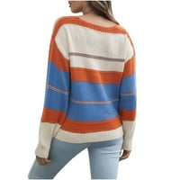 EGMY ženski džemper s V-izrezom izgubio je jesen i zimski džemper s dugim rukavima prugasti ubode casual